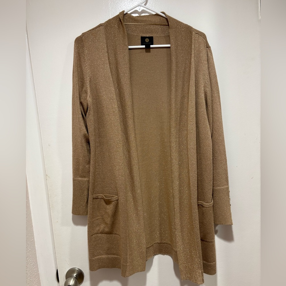 JM Collection Open Front Sparkle Gold Knit Cardigan Duster Sweater Size M